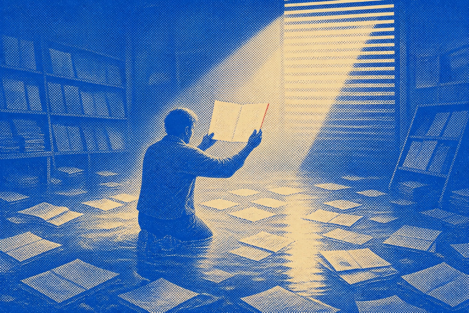 A man kneels on the flooded floor of a newsstand at dawn, water to his shins, hundreds of loose newspaper pages floating and sodden around h