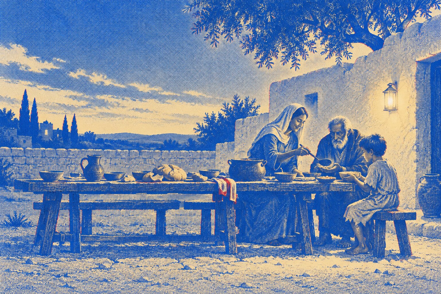A long wooden table set across a dusty courtyard at dusk, crowded with shared loaves, a clay pot of stew and mismatched bowls, while a woman