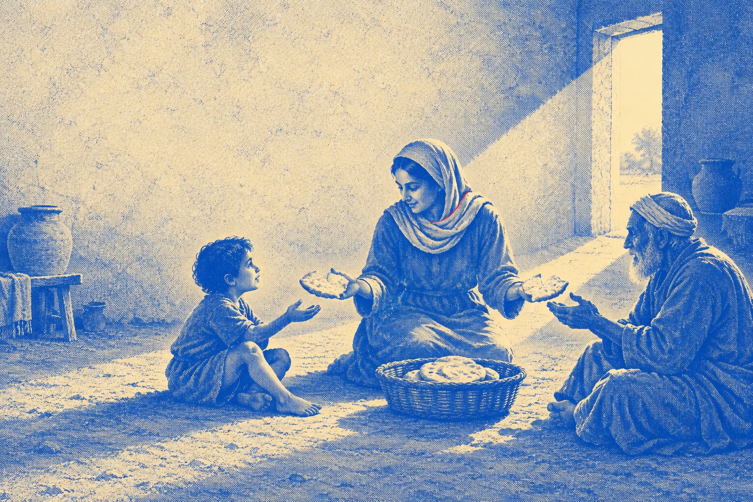 A woman in a plain headscarf kneels on a packed-earth floor and tears a round flatbread in half, holding the torn halves out in both open ha
