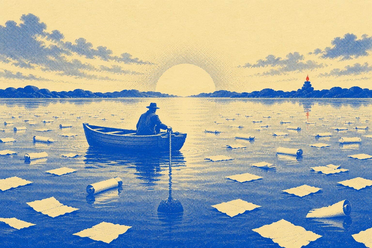A lone fisherman in a small wooden boat on a still, wide lake at dawn, one hand resting on a heavy stone anchor line dropped straight into t