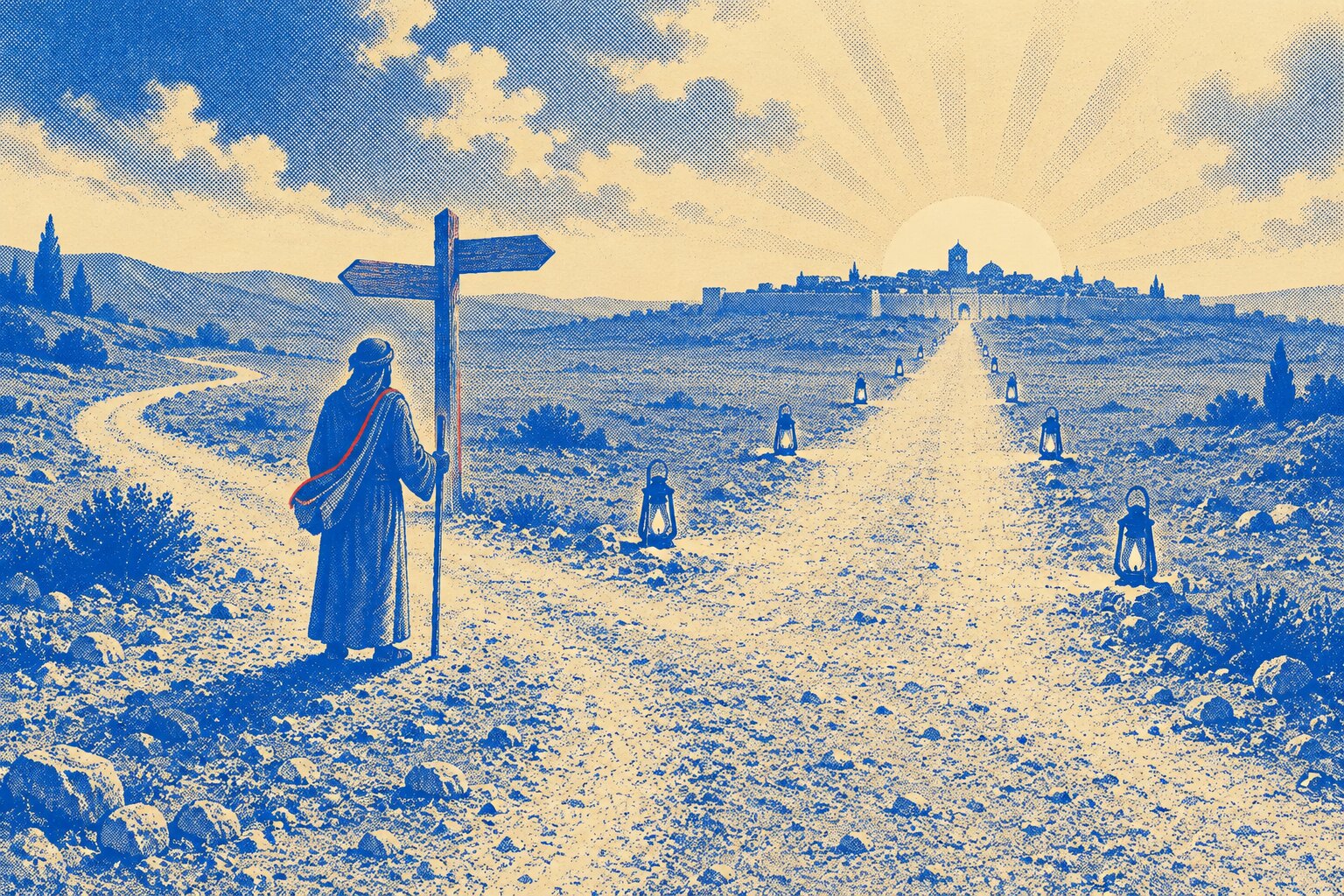 A lone traveler stands at a fork in a dusty Judean road at dawn, a worn wooden signpost with blank arms beside them, while a single straight