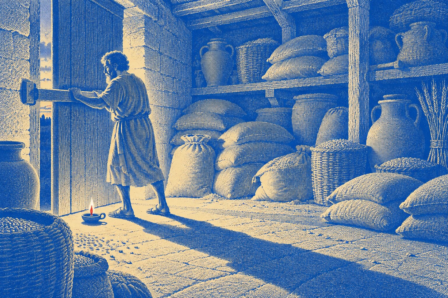 A man in a plain tunic stands in a stone storehouse doorway at dusk, bolting a heavy wooden door with both hands. Behind him, grain sacks, c