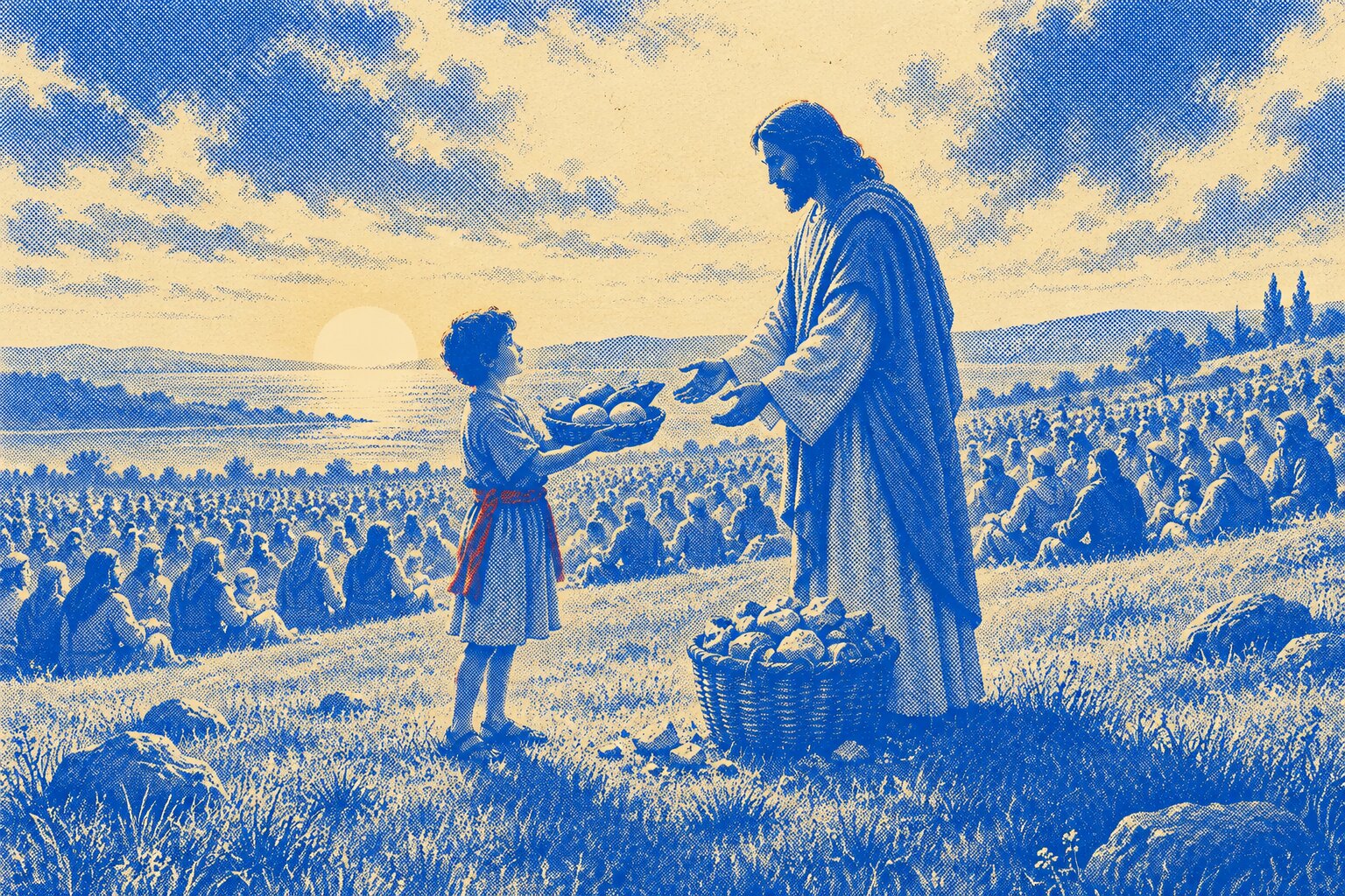 A boy holds out a small basket of five round loaves and two fish to a robed man on a grassy hillside, while behind them a wide crowd sits in