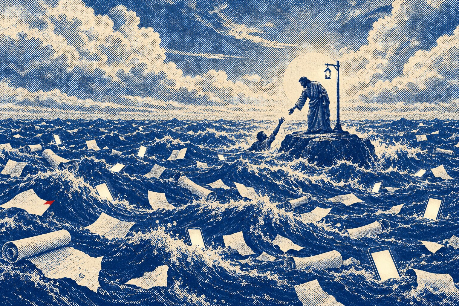 A lone figure in a plain robe stands on a flat rock rising from a wide, churning sea of floating scrolls, torn papers, and glowing phone scr