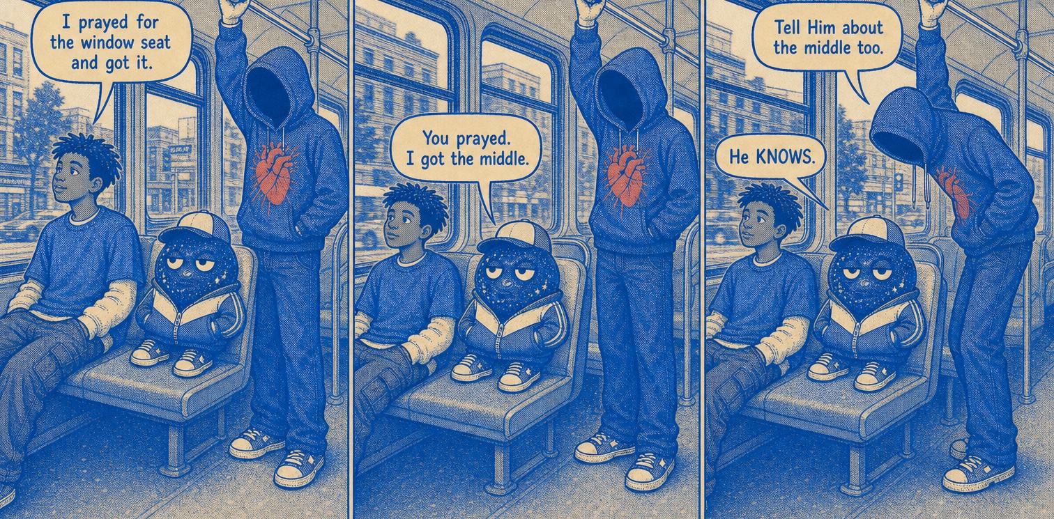 Echo & Dust on a city bus: Teddy got the window seat he prayed for. Dust, squashed in the middle: You prayed. I got the middle. Echo, sincere: Tell Him about the middle too. Dust: He KNOWS.