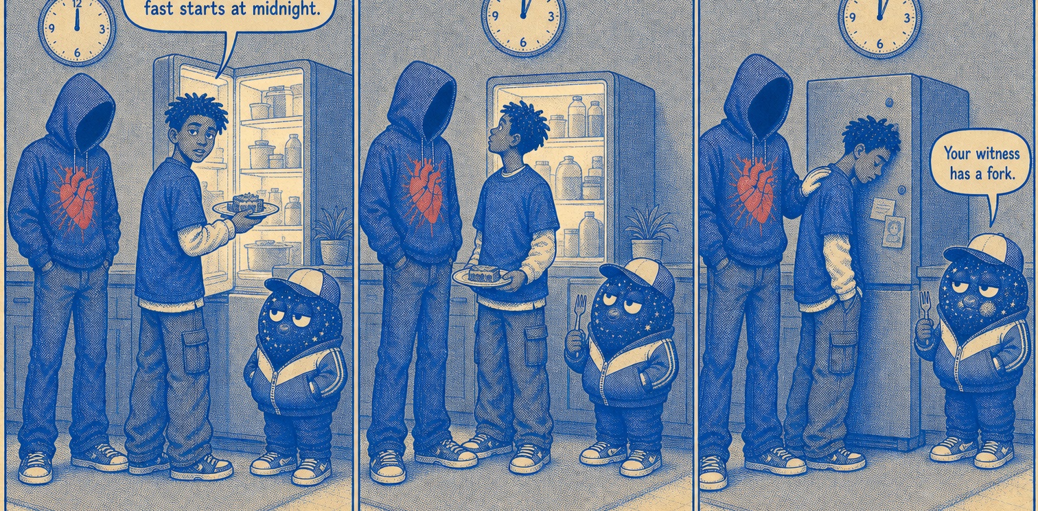 Echo & Dust in a midnight kitchen: Teddy, caught at the fridge: Technically, tomorrow's fast starts at midnight. A silent panel — the clock reads 12:04. Teddy's forehead on the fridge; Dust, mouth full: Your witness has a fork.